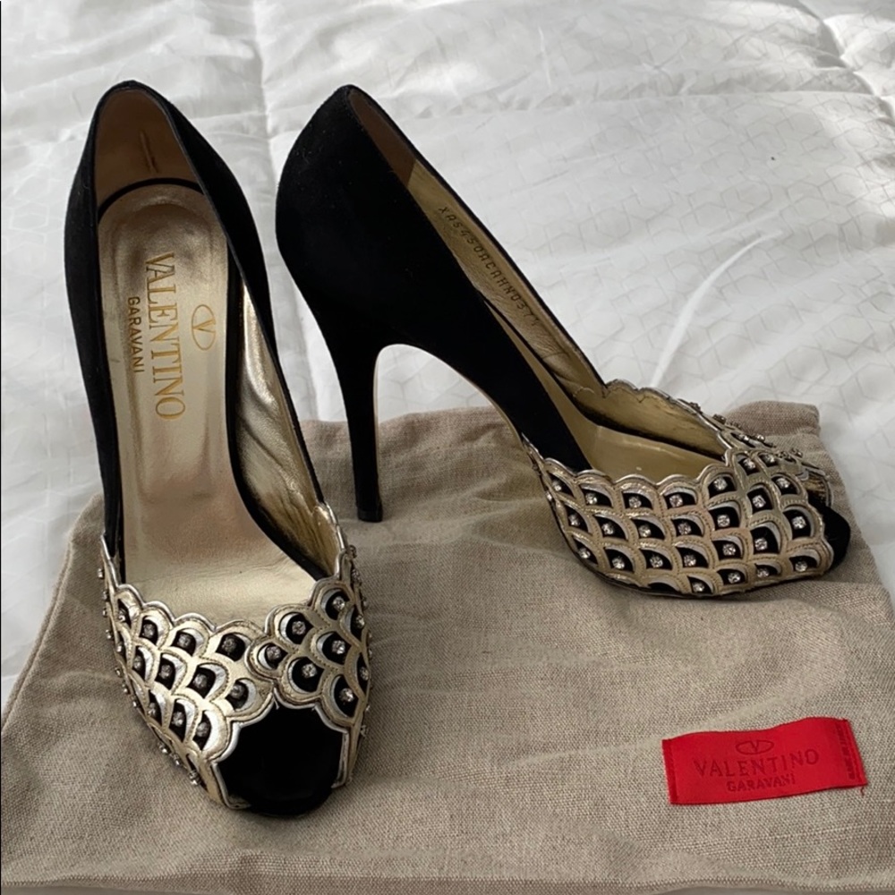 Valentino Garvani black suede peep toe pumps